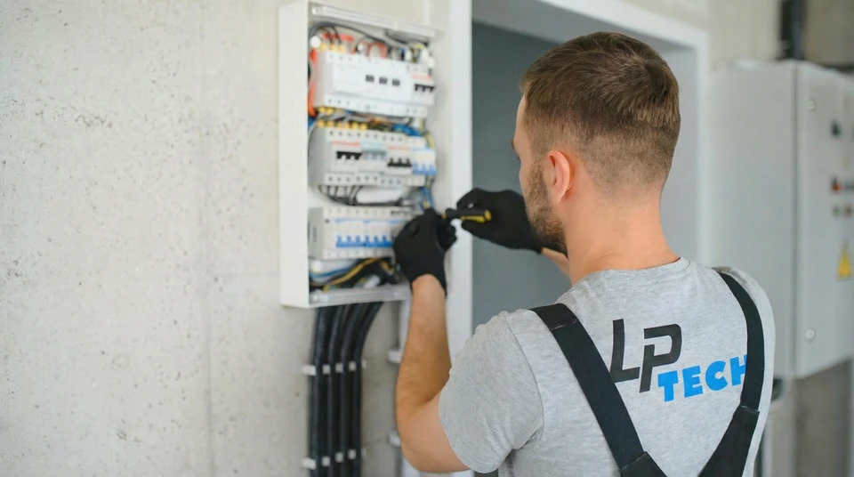 homme &agrave; main cachant un c&acirc;ble avec un plinthe