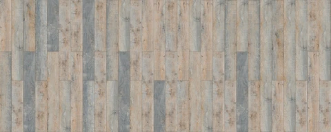 Surface de plancher en lames de bois composite aux tons gris et beige, disposées en motif aléatoire avec joints décalés